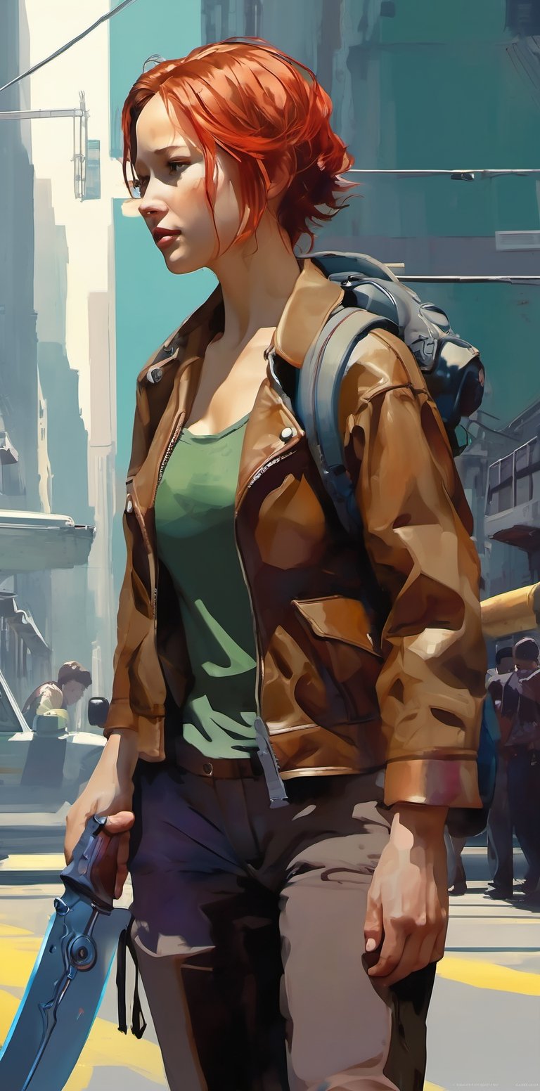 mdjrny-v4 style. Oil painting, heavy strokes, paint dripping. ((Jennifer Lawrence:1)), ((25 years old:1.4)).redhead, green eyes, ((brown leather jacket:1.4)),backpack on his back:1.4, ((armed with a knife:1.4)),((survivor, warrior, leader)), ((walking dead tv style:1.4)),Jeremy Mann, Carne Griffiths, Robert oxley. Rich deep colors. Cell Shaded layered image. Beautiful face, Perfect anatomy, perfect eyes, detailed eyes, golden ratio, award-winning, professional, highly detailed, centered, symmetry, painted, intricate, volumetric lighting, beautiful, masterpiece, sharp focus, depth of field, perfect composition, award-winning, high resolution 8K, trending in pixiv, artstation,  , acrylic painting, trending on pixiv fanbox, palette knife and brush strokes, style of makoto shinkai jamie wyeth james gilleard edward hopper greg rutkowski studio ghibli genshin impact