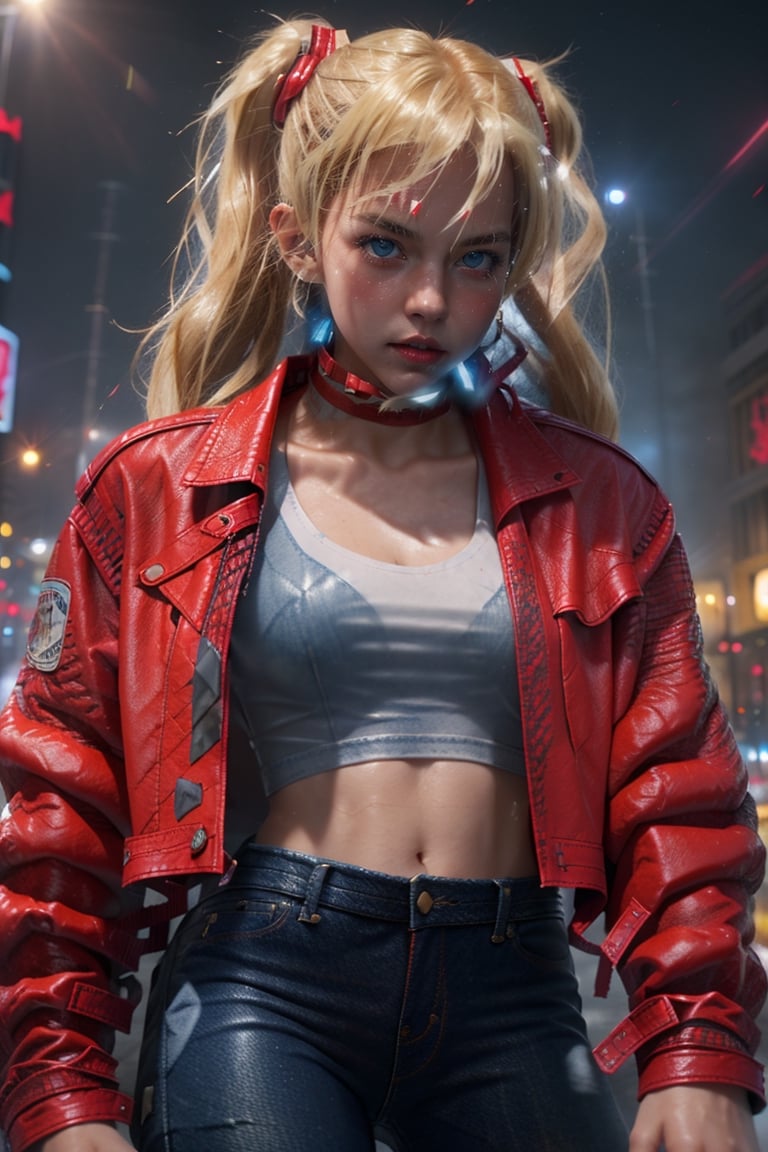 1 girl, blonde hair, two pigtails, blue eyes,(red leather jacket:1.4), (white t-shirt:1.4), (blue jeans:1.4), solo,katana in hand, (medium_shot:1.4),(masterpiece:1.4(bestquality:1.4),extremely_beautiful_detailed_anime_face_and_eyes,an extremely delicate and beautiful,photorealistic