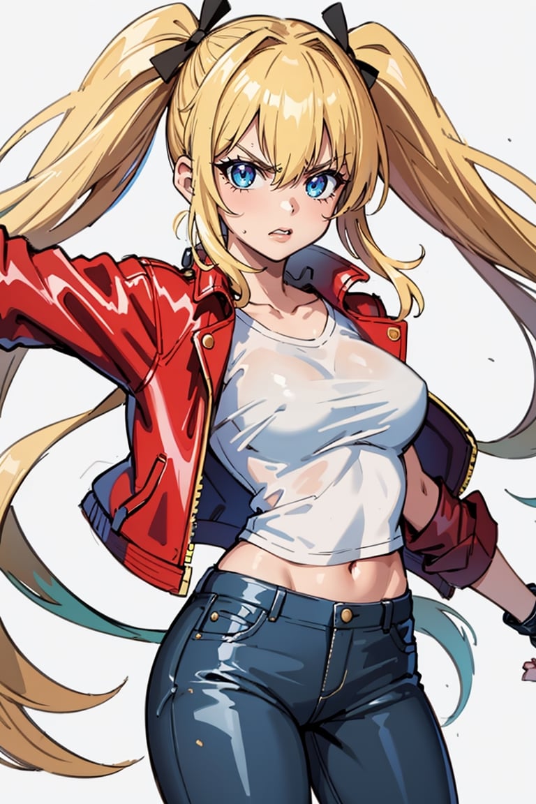 1 girl, blonde hair, two pigtails, blue eyes,red leather jacket, white t-shirt, jeans, black boots, solo, upper body,(masterpiece:1.4(bestquality:1.4),,extremely_beautiful_detailed_anime_face_and_eyes,an extremely delicate and beautiful, pose,Watercolor, Ink, epic, angry, simple background, white_background, pose visual novel,