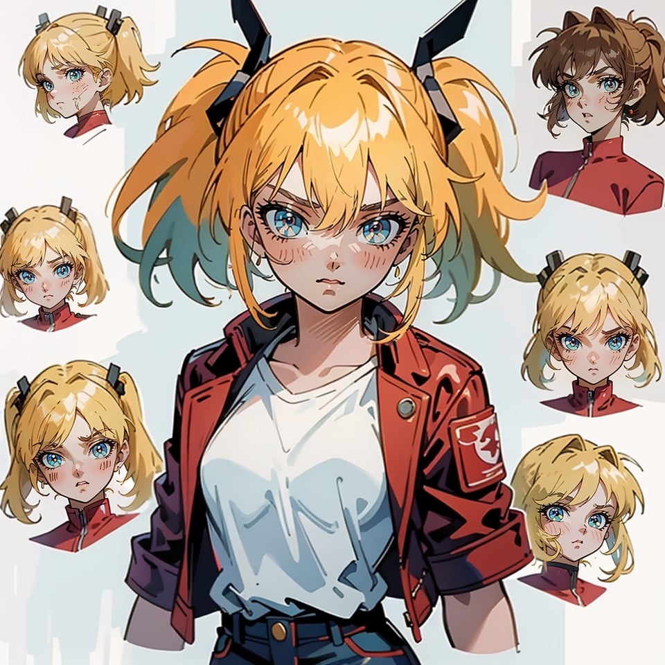 1 girl, blonde hair, two pigtails, blue eyes,red leather jacket, white t-shirt, jeans, black boots, solo, (medium_shot:1.4),(masterpiece:1.4(bestquality:1.4),(extremely_beautiful_detailed_anime_face_and_eyes:1.4),an extremely delicate and beautiful,Watercolor, Ink, epic,multiple views, full body, upper body, reference sheet:1,CharacterSheet, white background, different expresions,