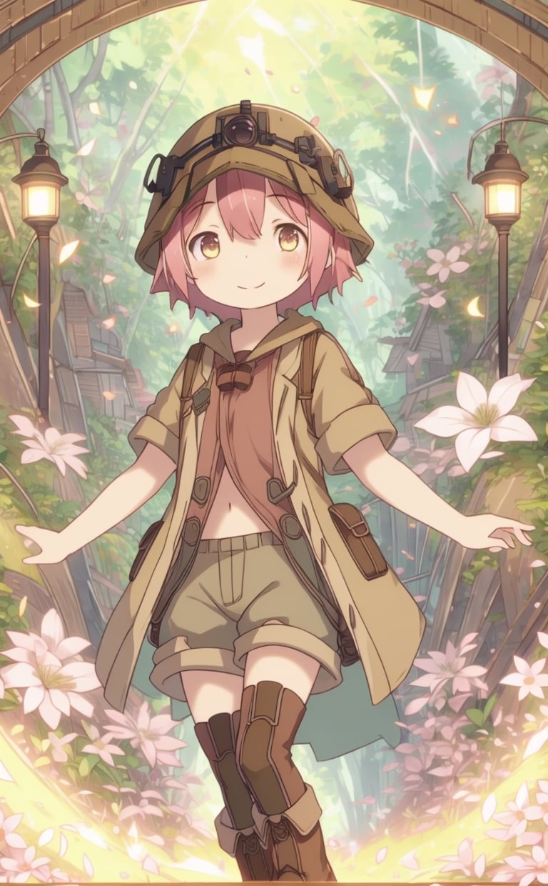 ultra-detailed, illustration, cinematic composition, abyss style, grass, white flower, moss,MadeintheAbyss, 1girl, (short pink hair:1.4), brown coat, short sleeves, brown overcoat, (brown shorts:1.4),(explorer helmet:1),(explorer boots:1.4),(yellow eyes:1.4), looking at viewer, solo, (upper body:1.4),(masterpiece:1.4),(best quality:1.4),red lips,parted lips,smile, walking in the deep forest,firefliesfireflies,portrait,illustration,best quality,BrgEy