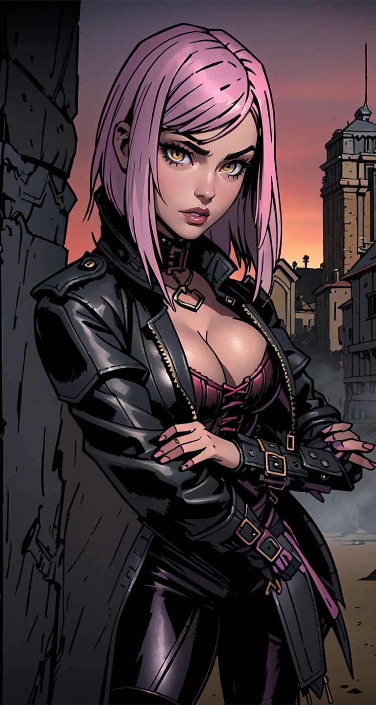 (European city background:1.4), (best detailed), (best lighting), ( ultra-detailed), (best quality), 1 girl, yellow eyes, (detail eyes), pale_skin, pink_hair, ((straight_hair)), bangs, short-hair, past-the-waist, large breasts, (large black leather trench coat:1.4), (black leather pants, sexy black leather corset:1.4) showing cleavage, sexy, (NSFW nudity, naked), slim thicc, perfect smooth skin, detailed skin,style,