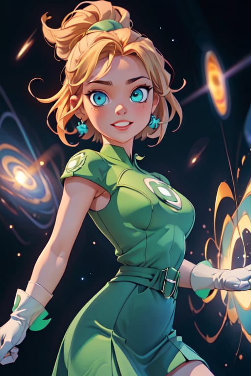 1girl, solo,extrem detailed face, extreme detailed eyes, green lantern, green skirt, white gloves,slim waist, (((girl))), medium breasts, blue eyes, (best quality, masterpiece), omnipotent goddess, universe, milky way, particles, black hole, transcendent being, short blondie hair, wind, spectral, playful, flying, floating, flirty