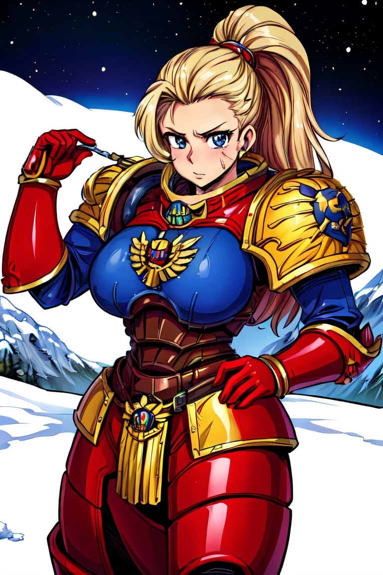 (masterpiece:1.4),(best quality:1.4),1girl, long hair,blondie hair,ponytail,large breasts,warhammer 40K, injured space marine,armor,shoulder armor,power armor,boobplate,snow,40kanime