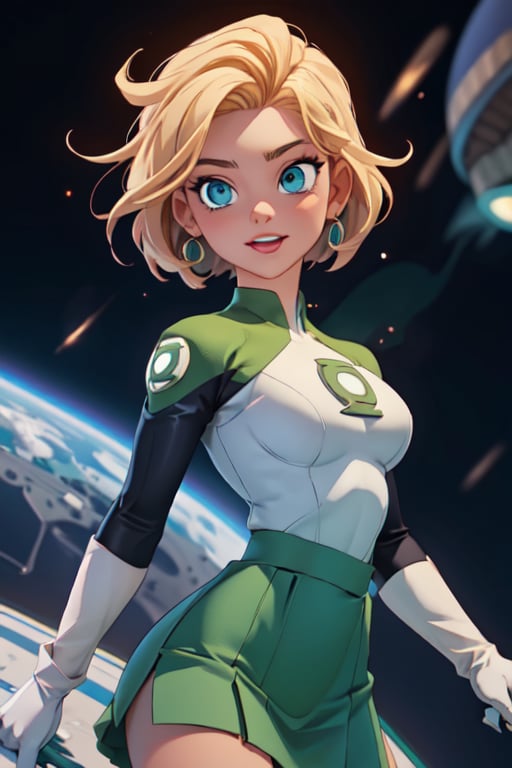 1girl, solo,extrem detailed face, extreme detailed eyes, green lantern, white bodysuit,tight green skirt, white gloves,,slim waist, (((girl))), medium breasts, blue eyes, (best quality, masterpiece), omnipotent goddess, universe, milky way, particles, black hole, transcendent being, short blondie hair, wind, spectral, playful, flying, floating, flirty