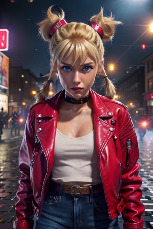 1 girl, blonde hair, two pigtails, blue eyes,red leather jacket, white t-shirt, jeans, black boots, solo, (medium_shot:1.4),(masterpiece:1.4(bestquality:1.4),extremely_beautiful_detailed_anime_face_and_eyes,an extremely delicate and beautiful,super_deformed,nas,ninja,3D,photorealistic