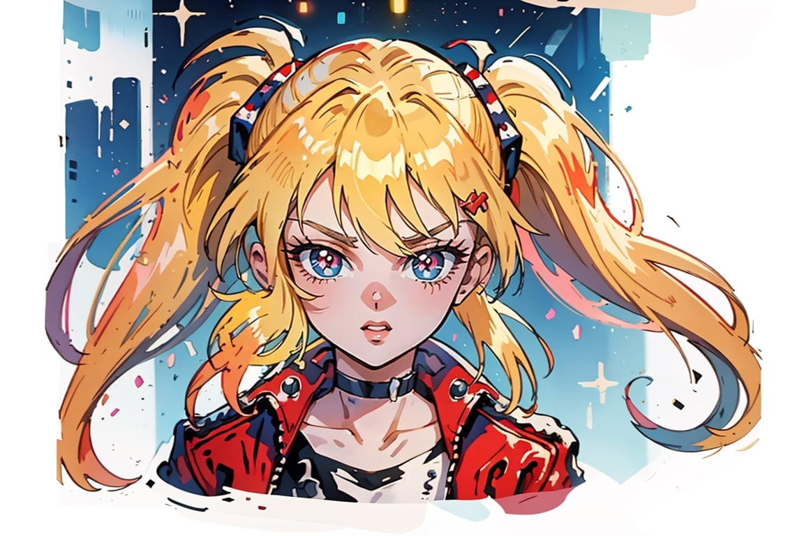 1 girl, blonde hair, two pigtails, blue eyes,red leather jacket, white t-shirt, jeans, black boots, solo, (medium_shot:1.4),(masterpiece:1.4(bestquality:1.4),(extremely_beautiful_detailed_anime_face_and_eyes:1.4),an extremely delicate and beautiful,Watercolor, Ink, epic,multiple views, full body, upper body, reference sheet:1,CharacterSheet, white background, different expresions,