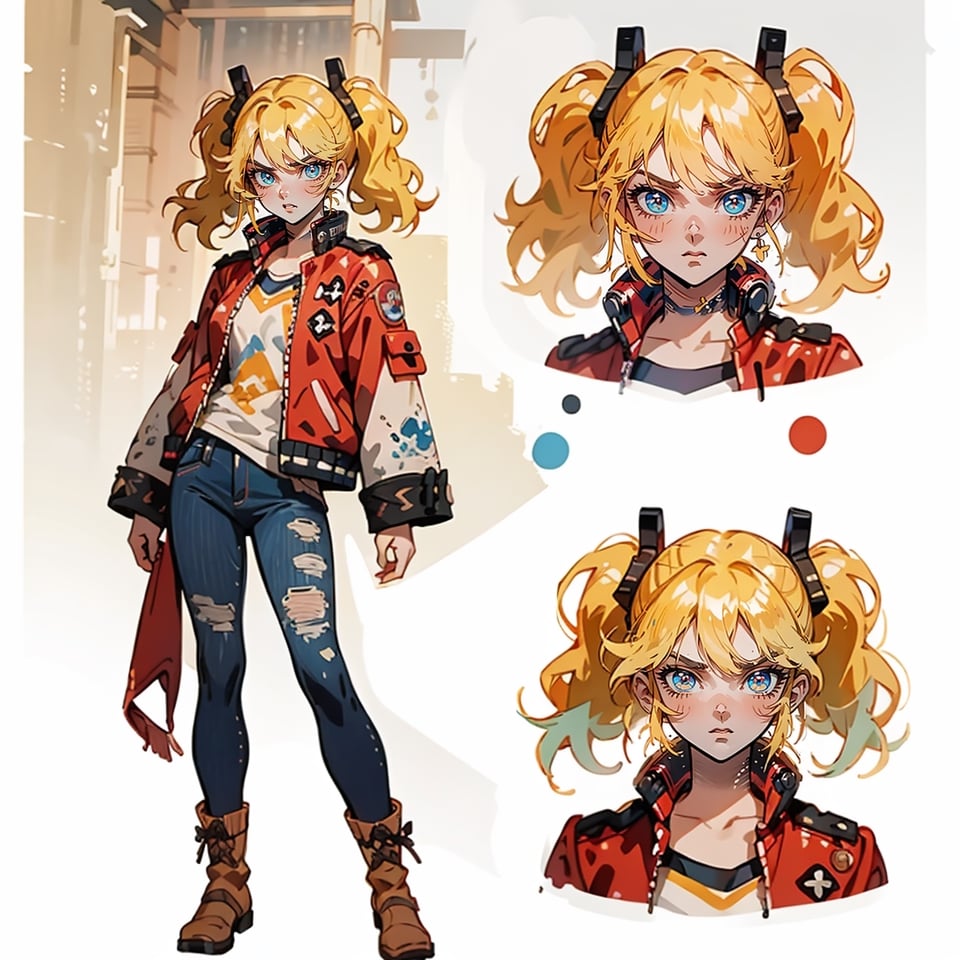 1 girl, blonde hair, two pigtails, blue eyes,red leather jacket, white t-shirt, jeans, black boots, solo, (medium_shot:1.4),(masterpiece:1.4(bestquality:1.4),(extremely_beautiful_detailed_anime_face_and_eyes:1.4),an extremely delicate and beautiful,Watercolor, Ink, epic, angry, CharacterSheet,(multiple views, full body, upper body, reference sheet:1),girl