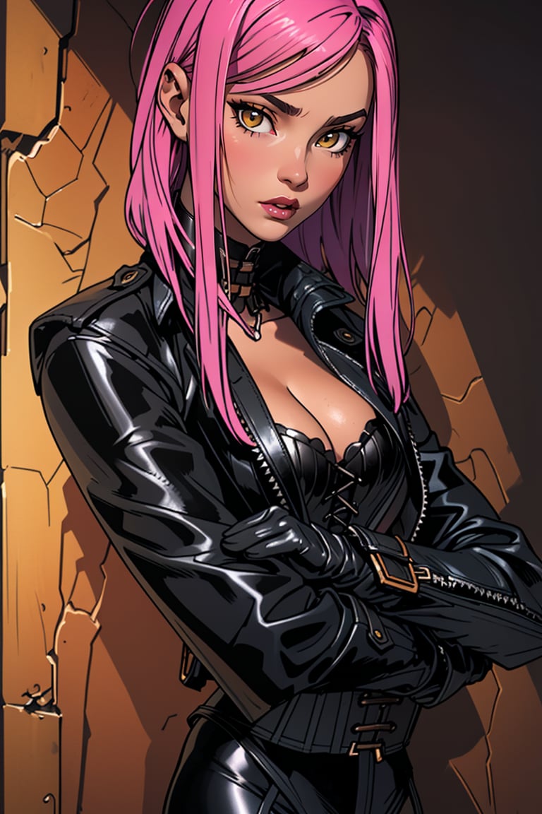 (European city background:1.4), (best detailed), (best lighting), ( ultra-detailed), (best quality), 1 girl, yellow eyes, (detail eyes), pale_skin, pink_hair, ((straight_hair)), bangs, short-hair, past-the-waist, large breasts, (large black leather trench coat:1.4), (black leather pants, sexy black leather corset:1.4) showing cleavage, sexy, (NSFW nudity, naked), slim thicc, perfect smooth skin, detailed skin,style,