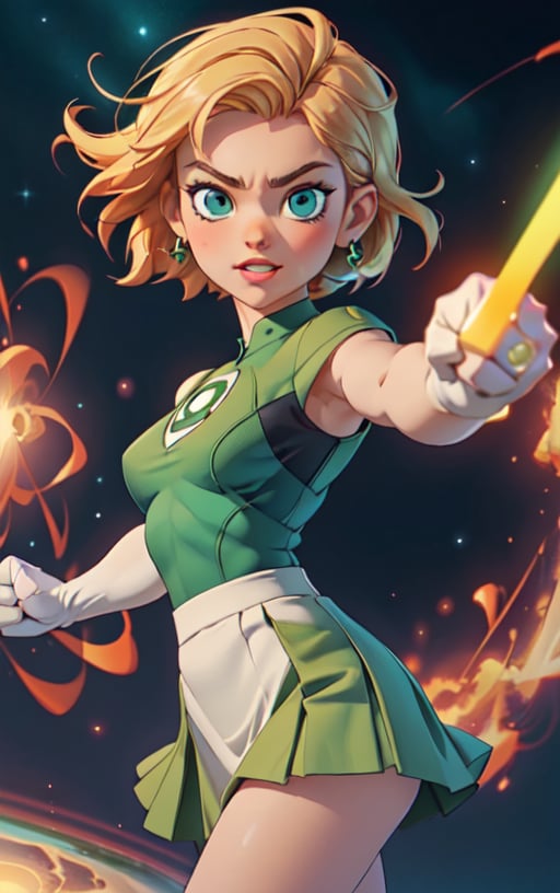 1girl, solo,extrem detailed face, extreme detailed eyes, green lantern, white bodysuit,((tight green skirt)), white gloves,,slim waist, (((girl))), medium breasts, ((pointing with the fist to view)), ((from the fist comes a green beam of energy)),blue eyes, (best quality, masterpiece), omnipotent goddess, universe, milky way, particles, black hole, transcendent being, short blondie hair, wind, spectral, playful, flying, floating, flirty,hero view:1.5, full shot:1.5,