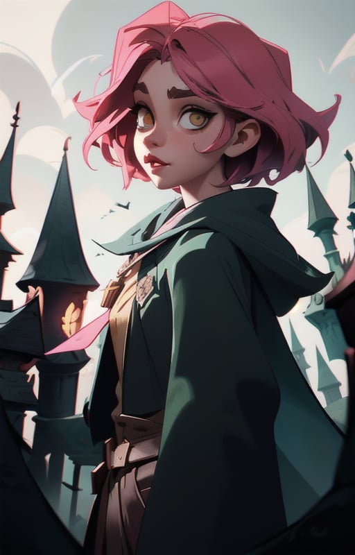 1girl, short pink hair,(hufflepuff House Cloak),( inner cloak yellow:1), (outer cloack black:1),yellow eyes, looking at viewer, solo, upper body,(masterpiece:1.4),(best quality:1.4),red lips,parted lips, exterior forest and mountains, castle,hogwarts castle:1,dramatic shadows,extremely_beautiful_detailed_anime_face_and_eyes,an extremely delicate and beautiful,dynamic angle, cinematic camera, dynamic pose,depth of field,chromatic aberration,anime