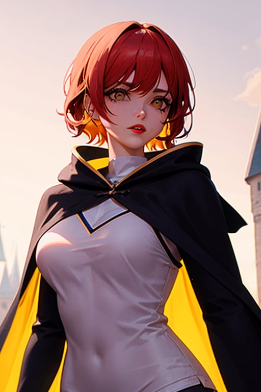 1girl, short pink hair,(mole next to lip:1),(eyebrow scar:1),(hufflepuff House Cloak),( inner cloak yellow:1), (outer cloack black:1),yellow eyes, looking at viewer, solo, upper body,(masterpiece:1.4),(best quality:1.4),red lips,parted lips, hogwarts castle:1,dramatic shadows,extremely_beautiful_detailed_anime_face_and_eyes,an extremely delicate and beautiful,dynamic angle, cinematic camera, dynamic pose,depth of field,chromatic aberration,backlighting,