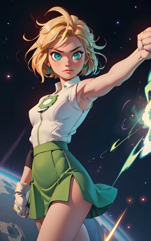 1girl, solo,extrem detailed face, extreme detailed eyes, green lantern, white bodysuit,((tight green skirt)), white gloves,,slim waist, (((girl))), medium breasts, ((pointing with the fist to view)), from the fist comes a green beam of energy,blue eyes, (best quality, masterpiece), omnipotent goddess, universe, milky way, particles, black hole, transcendent being, short blondie hair, wind, spectral, playful, flying, floating, flirty,hero view:1.5, full shot:1.5,