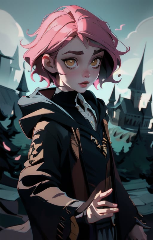 1girl, short pink hair,(hufflepuff House Cloak),( inner cloak yellow:1), (outer cloack black:1),yellow eyes, looking at viewer, solo, upper body,(masterpiece:1.4),(best quality:1.4),red lips,parted lips, exterior forest and mountains, castle,hogwarts castle:1,dramatic shadows,extremely_beautiful_detailed_anime_face_and_eyes,an extremely delicate and beautiful,dynamic angle, cinematic camera, dynamic pose,depth of field,chromatic aberration,anime