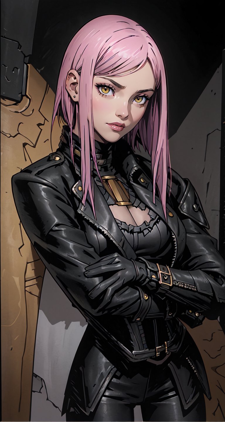 (European city background:1.4), (best detailed), (best lighting), ( ultra-detailed), (best quality), 1 girl, yellow eyes, (detail eyes), pale_skin, pink_hair, ((straight_hair)), bangs, short-hair, past-the-waist, large breasts, (large black leather trench coat:1.4), (black leather pants, sexy black leather corset:1.4) showing cleavage, sexy, (NSFW nudity, naked), slim thicc, perfect smooth skin, detailed skin,style,