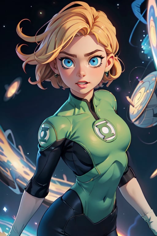 1girl, solo,extrem detailed face, extreme detailed eyes, green lantern, slim waist, (((girl))), medium breasts, blue eyes, (best quality, masterpiece), omnipotent goddess, universe, milky way, particles, black hole, transcendent being, short blondie hair, wind, spectral, playful, flying, floating, flirty