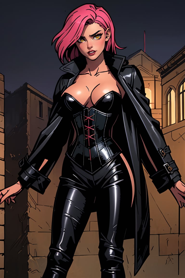 (European city background:1.4), (best detailed), (best lighting), ( ultra-detailed), (best quality), 1 girl, yellow eyes, (detail eyes), pale_skin, pink_hair, ((straight_hair)), bangs, short-hair, past-the-waist, large breasts, (large black leather trench coat:1.4), (black leather pants, sexy black leather corset:1.4) showing cleavage, sexy, (NSFW nudity, naked), slim thicc, perfect smooth skin, detailed skin,style,