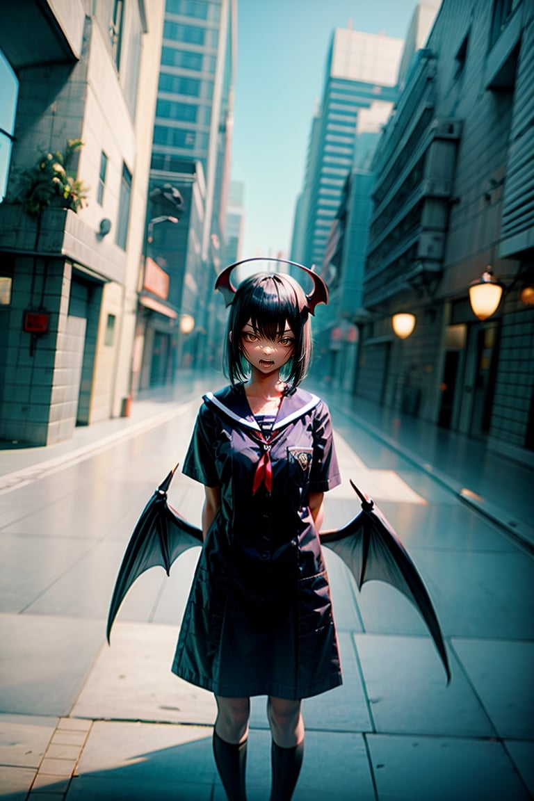 1 girl, black hair,red horns, yellow eyes,bat wings,shirt sailor, skirt sailor,angry,showing fangs,solo, (medium_shot:1.4),(masterpiece:1.4(bestquality:1.4), fullbody,girl,(background_city:1.4),sailor dress