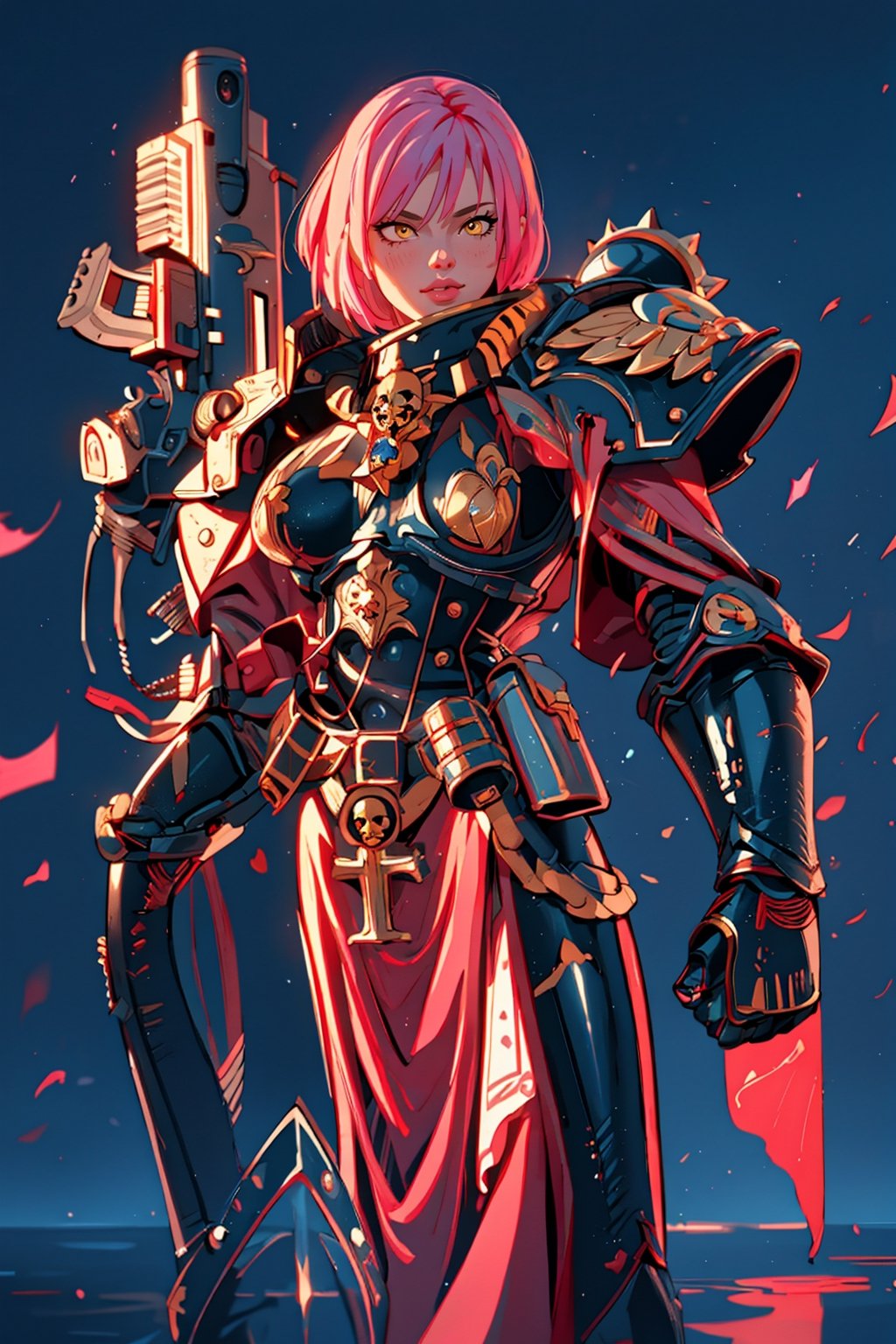 ((Masterpiece, best quality,)), (combat pose:1),1girl,edgAdepta, looking at viewer, lips, (short hair), (pink hair),(yellow eyes),wind background ,wearing edgAdepta,power armor,shoulder armor,skull emblem,EDGADEPTA, Dynamic Beautiful Pose, Natural Light, ((Real) ) Quality: 1.2 )), Dynamic Long Distance Shot, Cinematic Lighting, Perfect Composition, Super Detail, Official Art, Masterpiece, (Best Quality: 1.3), Reflection, High Resolution CG Unity 8K Wallpaper, Detailed Background, Masterpiece, (Photorealistic): 1.2), Random Angle, Side Angle anime,1 girl,style,40kanime,Eda Clawthorne,shoulder ,background