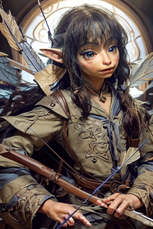 ((Female )),(real),(masterpiece:1.4), (best qualit:1.4), (high resolution:1.4),young, cowboy shot,archer gelfling, archer, fairy wings,quiver with arrows, arrow in hand,dramatic shadows, dynamic angle, cinematic camera, dynamic pose, dramatic angle, depth of field,  chromatic aberration, interior,,dynamic pose, adventure,photorealistic,analog,realism,gelfling