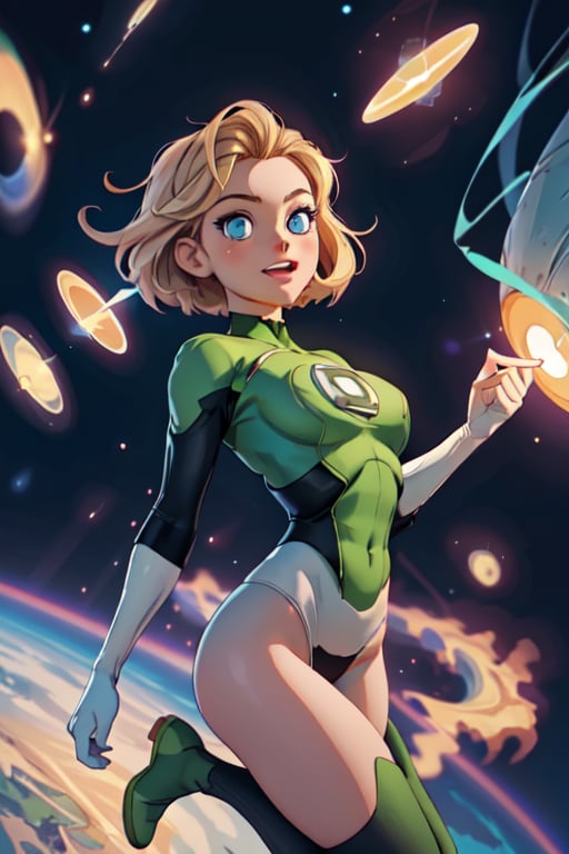 1girl, solo, green lantern, slim waist, (((girl))), medium breasts, blue eyes, (best quality, masterpiece), omnipotent goddess, universe, milky way, particles, black hole, transcendent being, short blondie hair, wind, spectral, playful, flying, floating, flirty