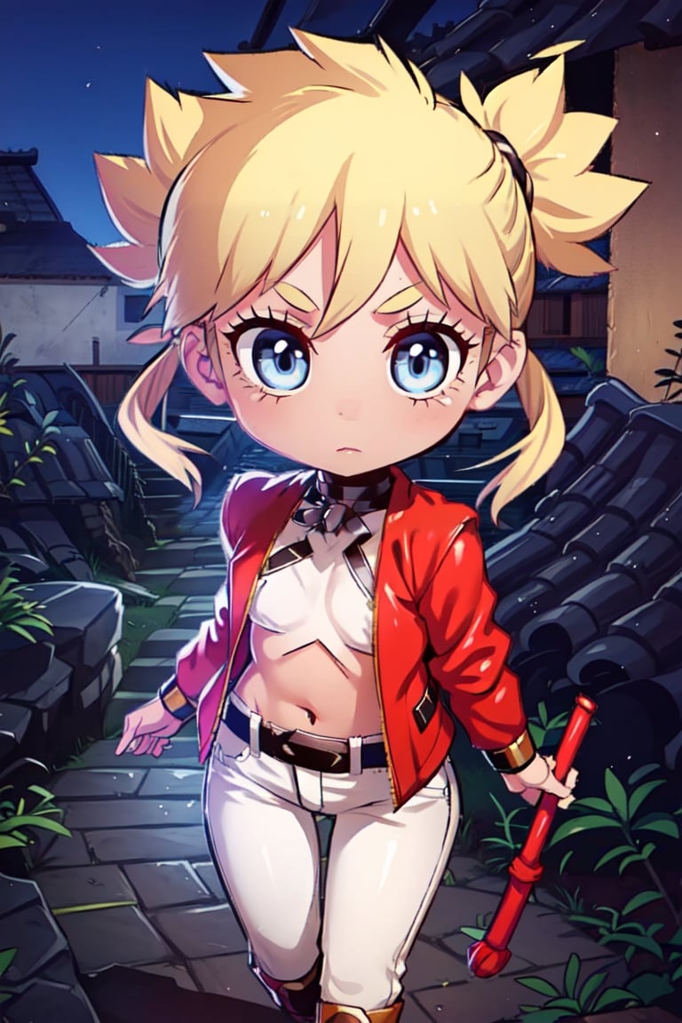 1 girl, blonde hair, two pigtails, blue eyes,red leather jacket, white t-shirt, jeans, black boots, solo, (medium_shot:1.4),(masterpiece:1.4(bestquality:1.4),extremely_beautiful_detailed_anime_face_and_eyes,an extremely delicate and beautiful,super_deformed,nas,ninja