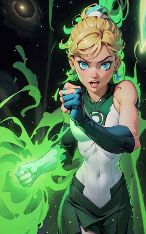 1girl, solo,extrem detailed face, extreme detailed eyes, green lantern, white bodysuit,tight green skirt, white gloves,,slim waist, (((girl))), medium breasts, ((pointing with the fist to view)), from the fist comes a green beam of energy,blue eyes, (best quality, masterpiece), omnipotent goddess, universe, milky way, particles, black hole, transcendent being, short blondie hair, wind, spectral, playful, flying, floating, flirty