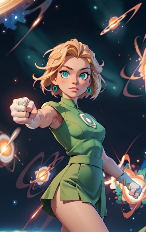 1girl, solo,extrem detailed face, extreme detailed eyes, green lantern, white bodysuit,((tight green skirt)), white gloves,,slim waist, (((girl))), medium breasts, ((pointing with the fist to view)), from the fist comes a green beam of energy,blue eyes, (best quality, masterpiece), omnipotent goddess, universe, milky way, particles, black hole, transcendent being, short blondie hair, wind, spectral, playful, flying, floating, flirty,hero view:1.5, full shot:1.5,