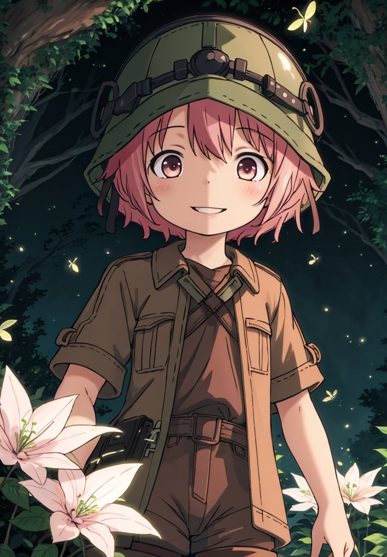 ultra-detailed, illustration, cinematic composition, abyss style, grass, white flower, moss,MadeintheAbyss, 1girl, (short pink hair:1.4), brown coat, short sleeves, brown overcoat, (brown shorts:1.4),(explorer helmet:1),yellow eyes, looking at viewer, solo, (upper body:1.4),(masterpiece:1.4),(best quality:1.4),red lips,parted lips,smile, walking in the deep forest,firefliesfireflies