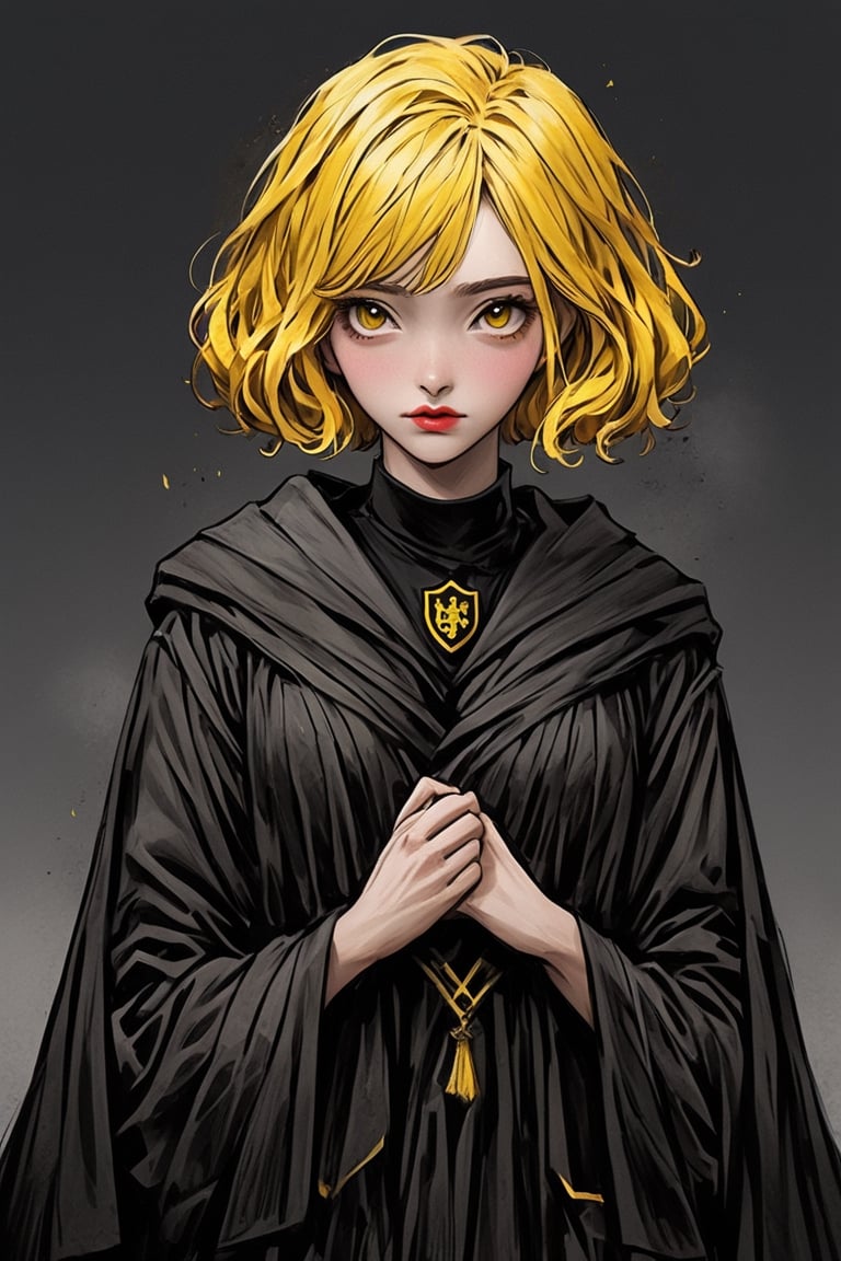 1girl, short pink hair,hufflepuff House Cloak, inner cloak yellow, outer cloack black,yellow eyes, looking at viewer, solo, upper body,(masterpiece:1.4),(best quality:1.4),red lips,parted lips,anime
