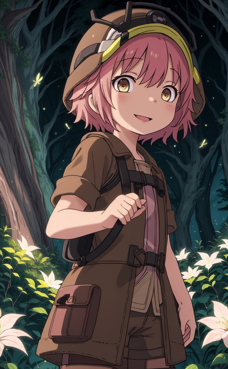 ultra-detailed, illustration, cinematic composition, abyss style, grass, white flower, moss,MadeintheAbyss, 1girl, (short pink hair:1.4), brown coat, short sleeves, brown overcoat, (brown shorts:1.4),(explorer helmet:1),(explorer boots:1.4),(yellow eyes:1.4), looking at viewer, solo, (upper body:1.4),(masterpiece:1.4),(best quality:1.4),red lips,parted lips,smile, walking in the deep forest,firefliesfireflies