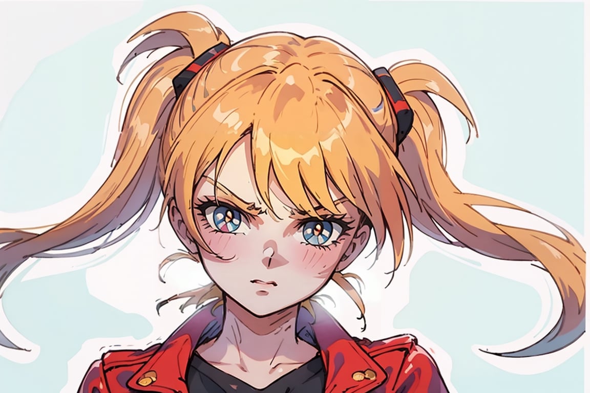 1 girl, blonde hair, two pigtails, blue eyes,red leather jacket, white t-shirt, jeans, black boots, solo, (medium_shot:1.4),(masterpiece:1.4(bestquality:1.4),(extremely_beautiful_detailed_anime_face_and_eyes:1.4),an extremely delicate and beautiful,Watercolor, Ink, epic, angry, simple background, white_background, 