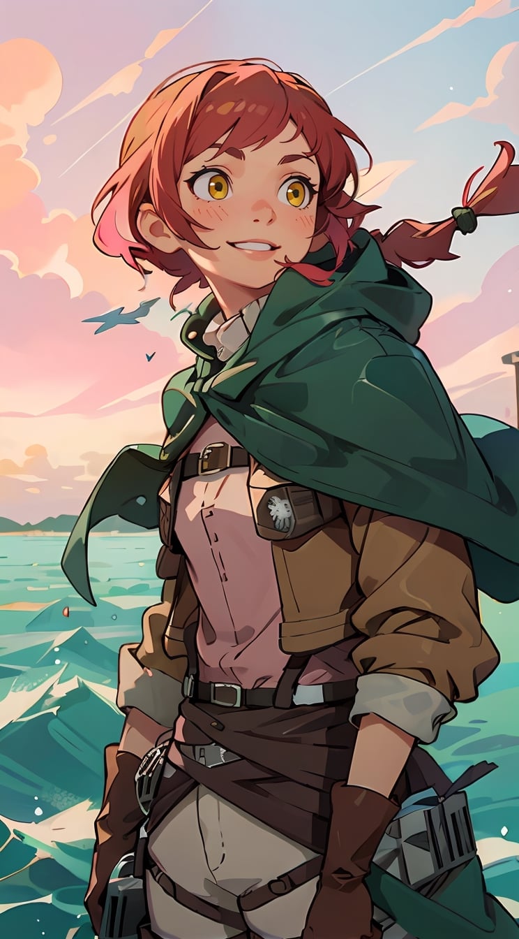 (1 girl), (short pink hair:1.2), (yellow eyes:1.2), black leather boots, black leather gloves, smiling,braids,make up, (green scouts cloak:1.2), (standing), (upper body in frame), simple background, endless ocean, pink cloudy sky, dawn, 1910s harbor, only1 image, perfect anatomy, perfect proportions, perfect perspective, 8k, HQ, ((AttackonTitan, survey military uniform))
