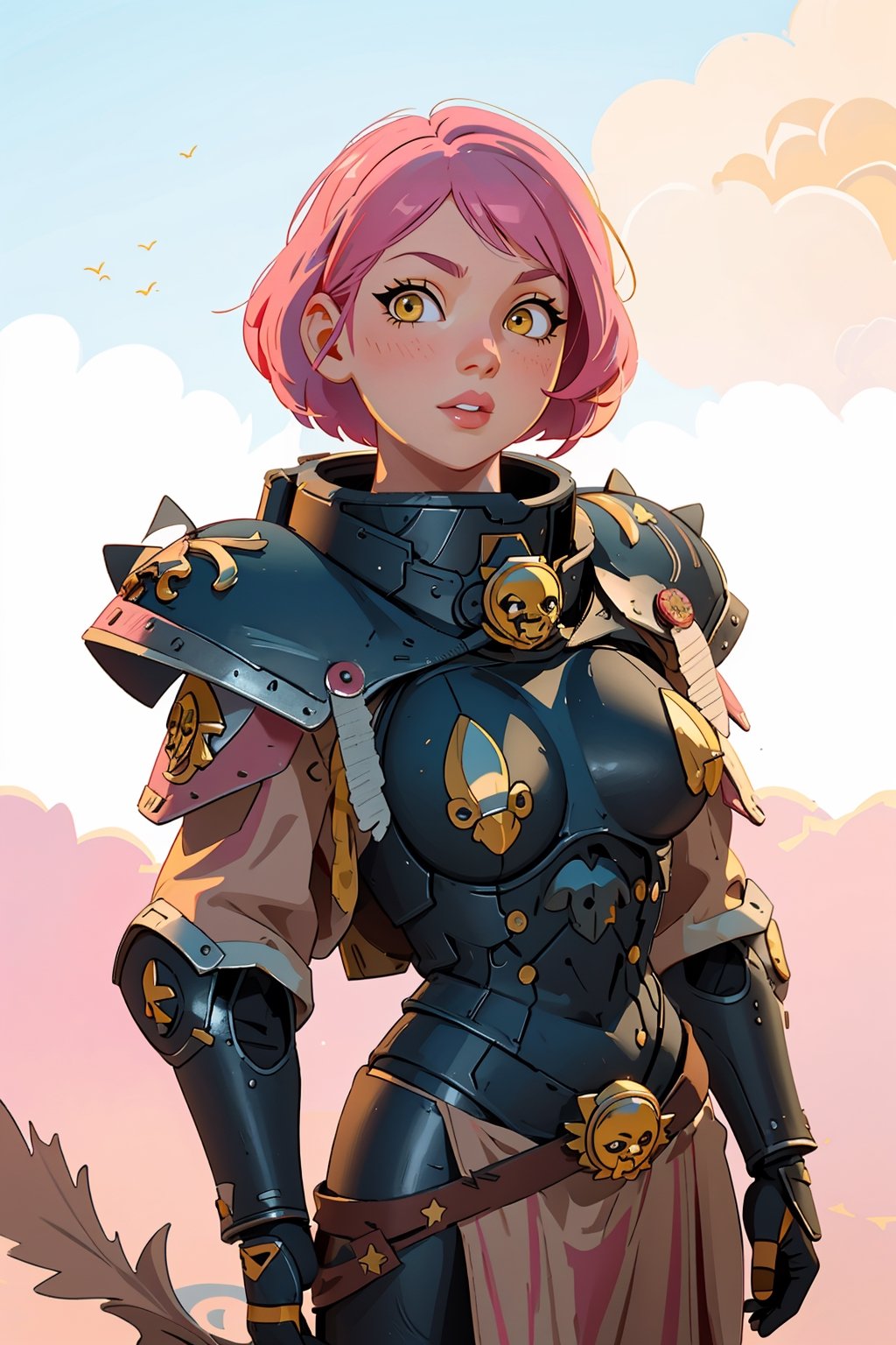 ((Masterpiece, best quality,)),1girl,edgAdepta, looking at viewer, lips, (short hair), (pink hair),(yellow eyes),wind background ,wearing edgAdepta,power armor,shoulder armor,skull emblem,EDGADEPTA,anime