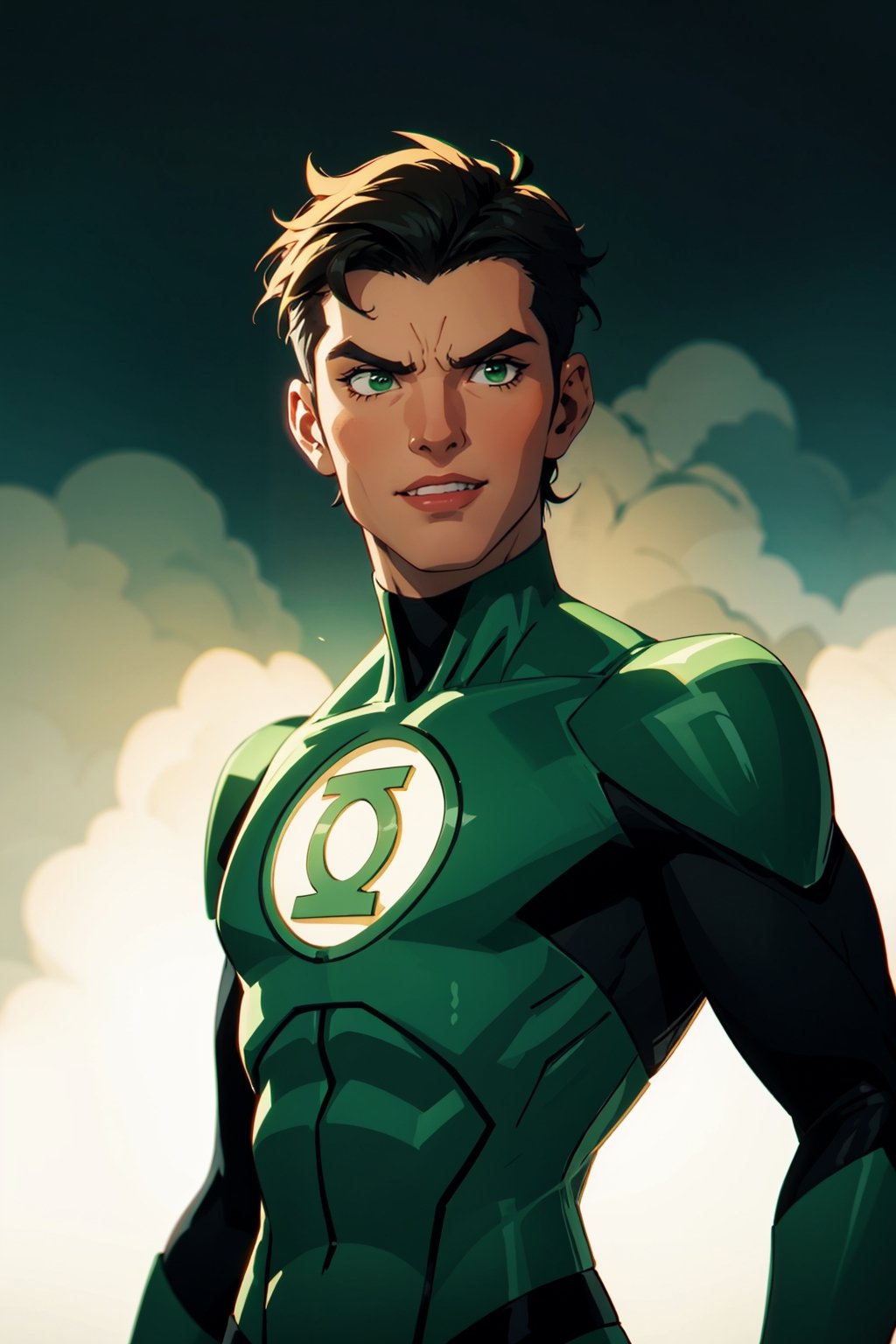 (1 man:1.4),uniform_green lantern_DCcomics:1,hal jordan, solo, upper body,(masterpiece:1.4),(best quality:1.4),dramatic shadows,extremely_beautiful_detailed_anime_face_and_eyes,an extremely delicate and beautiful,dynamic angle, cinematic camera, dynamic pose,depth of field,chromatic aberration,backlighting,Watercolor, Ink, epic, candystyle,chibi style,cute,happy,vibrant,colorful,nature,pop,