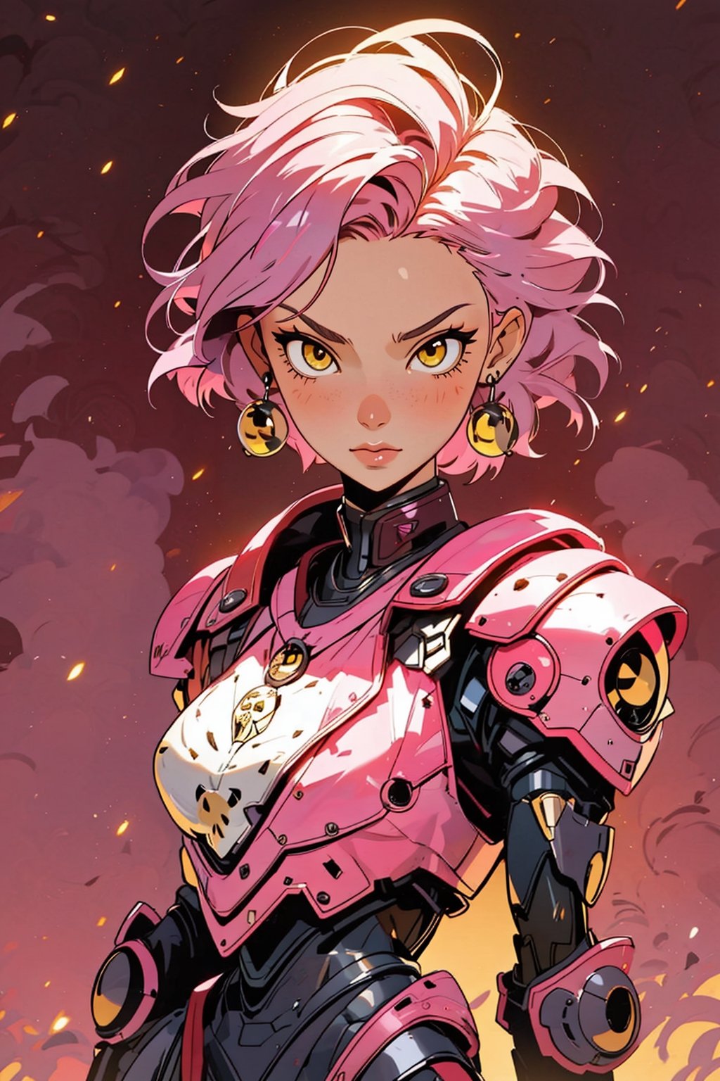 ((Masterpiece, best quality,)),1girl,edgAdepta, looking at viewer, lips, (short hair), (pink hair),(yellow eyes),wind background ,wearing edgAdepta,power armor,shoulder armor,skull emblem,EDGADEPTA,anime,1 girl,style,40kanime,Eda Clawthorne