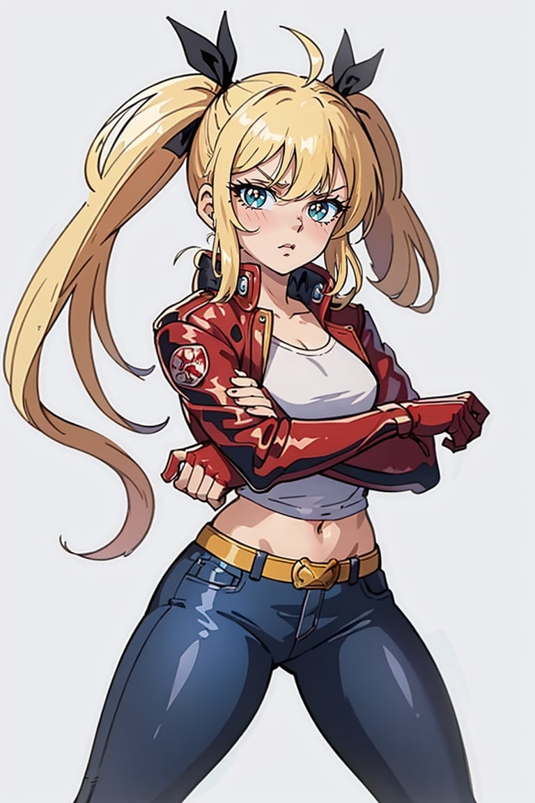 1 girl, blonde hair, two pigtails, blue eyes,red leather jacket, white t-shirt, jeans, black boots, solo, (face:1.4),(masterpiece:1.4(bestquality:1.4),(extremely_beautiful_detailed_anime_face_and_eyes:1.4),an extremely delicate and beautiful,Watercolor, Ink, epic, angry, simple background, white_background, (pose visual novel:1.4),(character design:1.4),