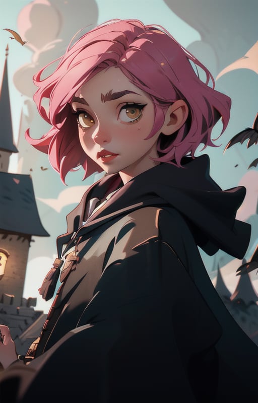 harry potter awakening style,1girl, short pink hair,(hufflepuff House Cloak),( inner cloak yellow:1), (outer cloack black:1),yellow eyes, looking at viewer, solo, upper body,(masterpiece:1.4),(best quality:1.4),red lips,parted lips, exterior forest and mountains, castle,hogwarts castle:1,dramatic shadows,extremely_beautiful_detailed_anime_face_and_eyes,an extremely delicate and beautiful,dynamic angle, cinematic camera, dynamic pose,depth of field,chromatic aberration,anime