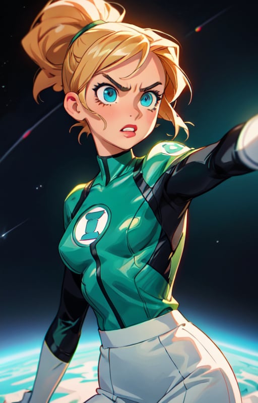 1girl, (short blondie hair:1),(high ponytail:1),blue eyes,uniform_green lantern_DCcomics:1,hal jordan, white bodysuit,((tight green skirt)), white gloves,slim waist, looking at viewer, solo, upper body,(masterpiece:1.4),(best quality:1.4),red lips,parted lips,dramatic shadows,extremely_beautiful_detailed_anime_face_and_eyes,an extremely delicate and beautiful,dynamic angle, cinematic camera, dynamic pose,depth of field,chromatic aberration,backlighting,Watercolor, Ink, epic, candystyle,angry,cute,vibrant,colorful,space,pop,