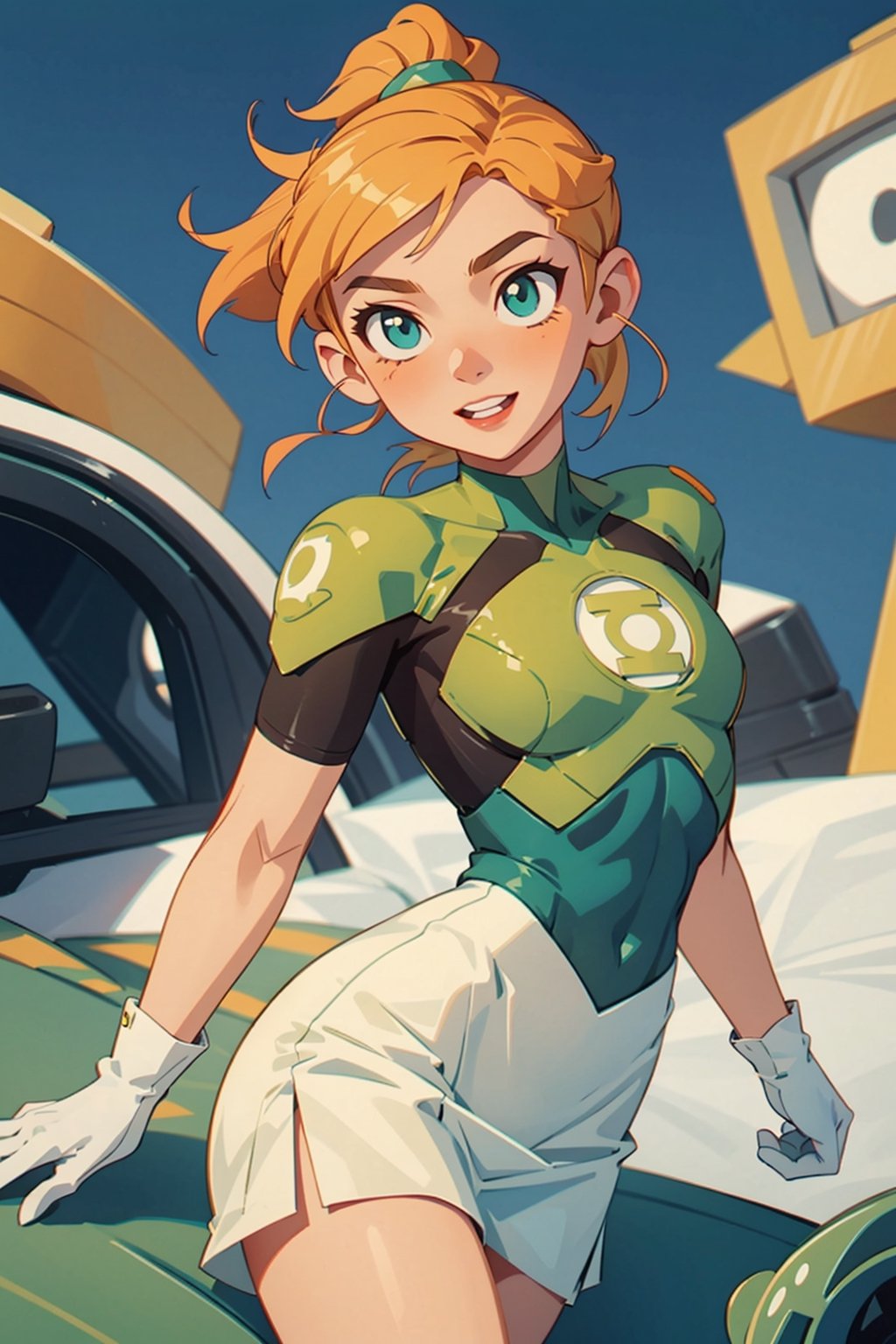 1girl, (short blondie hair:1.4),(high ponytail:1.4),blue eyes,uniform_green lantern_DCcomics:1,hal jordan, white bodysuit,((tight green skirt)), white gloves,slim waist, looking at viewer, solo, upper body,(masterpiece:1.4),(best quality:1.4),red lips,parted lips,dramatic shadows,extremely_beautiful_detailed_anime_face_and_eyes,an extremely delicate and beautiful,dynamic angle, cinematic camera, dynamic pose,depth of field,chromatic aberration,backlighting,Watercolor, Ink, epic, candystyle,chibi style,cute,happy,vibrant,colorful,nature,pop,