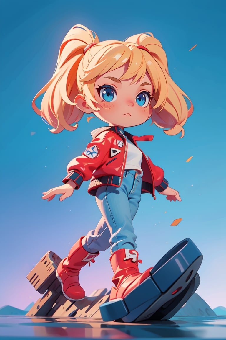 ((1 female)), petite girl, full body, chibi, 3D figure little girl, blonde hair, two pigtails, blue eyes, white t-shirt, jeans, black boots,(red leather jacket:1),, beautiful girl with attention to detail, beautiful delicate eyes, detailed face, beautiful eyes, Dynamic Beautiful Pose, Natural Light, ((Real) ) Quality: 1.2 )), Dynamic Long Distance Shot, Cinematic Lighting, Perfect Composition, Super Detail, Official Art, Masterpiece, (Best Quality: 1.3), Reflection, High Resolution CG Unity 8K Wallpaper, Detailed Background, Masterpiece, (Photorealistic): 1.2), Random Angle, Side Angle, Chibi, Full Body, mikdef.,SFW