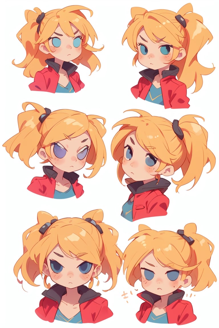 1 girl, blonde hair, (two long pigtails:1.4), blue eyes,red leather jacket, white t-shirt,solo,(masterpiece:1.4(bestquality:1.4),(surprise:1.4)(extremely_beautiful_detailed_anime_face_and_eyes:1.4),an extremely delicate and beautiful,Watercolor, Ink, epic,multiple views, upper body, reference sheet:1,CharacterSheet, white background, different expresions,multiple girls,character sheet, character design, reference sheet, multiple views, turnaround,Chibi
