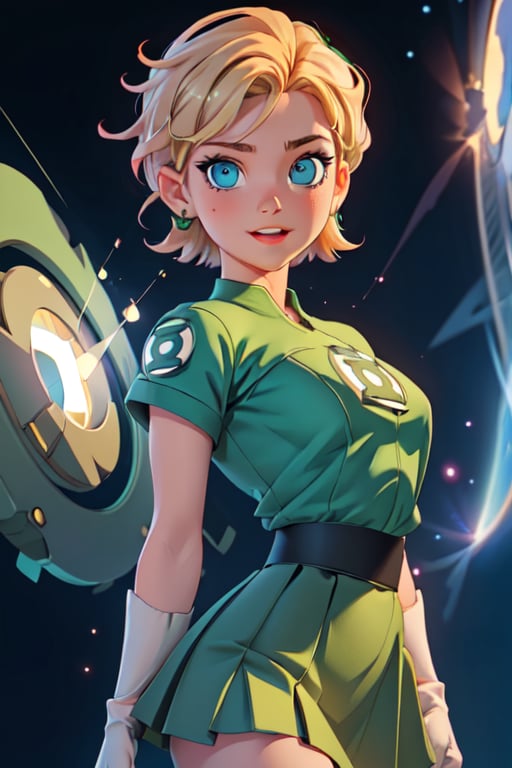 1girl, solo,extrem detailed face, extreme detailed eyes, green lantern, tight green skirt, white gloves,,slim waist, (((girl))), medium breasts, blue eyes, (best quality, masterpiece), omnipotent goddess, universe, milky way, particles, black hole, transcendent being, short blondie hair, wind, spectral, playful, flying, floating, flirty