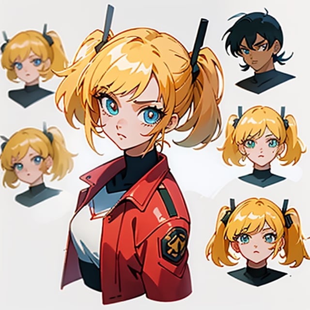 1 girl, blonde hair, two pigtails, blue eyes,red leather jacket, white t-shirt, jeans, black boots, solo, (medium_shot:1.4),(masterpiece:1.4(bestquality:1.4),(extremely_beautiful_detailed_anime_face_and_eyes:1.4),an extremely delicate and beautiful,Watercolor, Ink, epic,multiple views, full body, upper body, reference sheet:1,CharacterSheet, white background, different expresions,