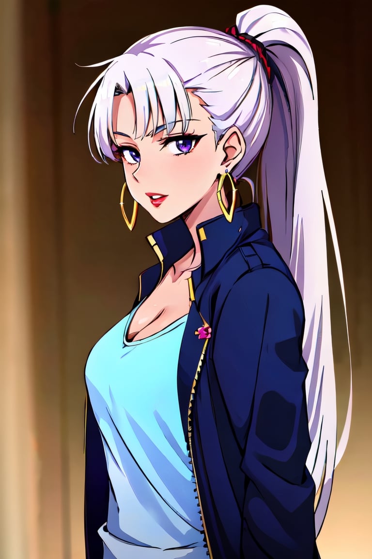 1girl, bangs, white hair, black jacket, blue eyes, blurry, blurry background, braid, breasts, earrings, from side, jacket, jewelry, long hair, looking at viewer, open clothes, open jacket, ponytail, purple eyes, solo, upper body,baiyi,[[realistic]],(shiny skin),(masterpiece:1.4),(best quality:1.4),red lips,parted lips,40kanime