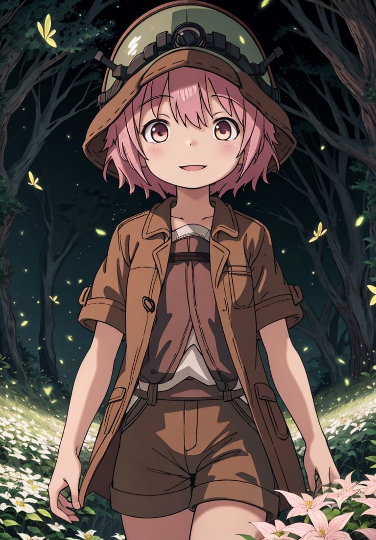 ultra-detailed, illustration, cinematic composition, abyss style, grass, white flower, moss,MadeintheAbyss, 1girl, (short pink hair:1.4), brown coat, short sleeves, brown overcoat, (brown shorts:1.4),(explorer helmet:1),yellow eyes, looking at viewer, solo, upper body,(masterpiece:1.4),(best quality:1.4),red lips,parted lips,smile, walking in the deep forest,firefliesfireflies