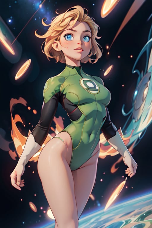 1girl, solo, green lantern, slim waist, (((girl))), medium breasts, blue eyes, (best quality, masterpiece), omnipotent goddess, universe, milky way, particles, black hole, transcendent being, short blondie hair, wind, spectral, playful, flying, floating, flirty