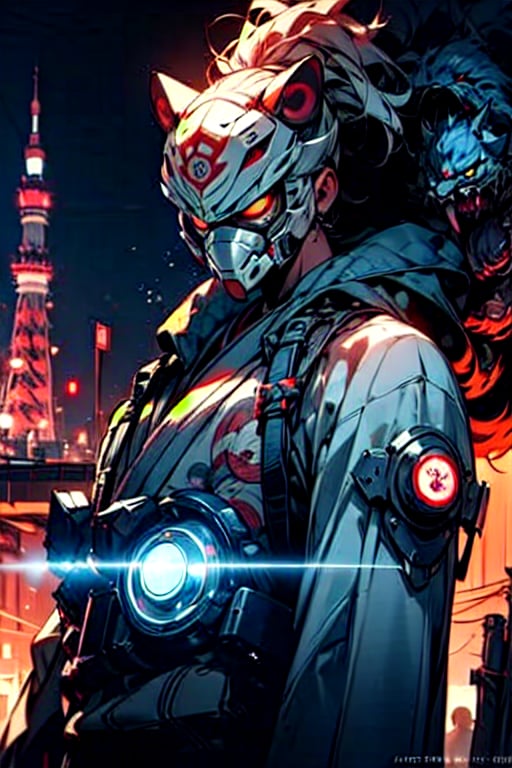 (masterpiece:1.4),(best quality:1.4),yokai,monster,1 tanuki_robot_mask1,  protecting himself with a blue energy shield,(cyberpunk:1),(evil expression:1),(tokyo tower background at night:1),(energy shield:1),style