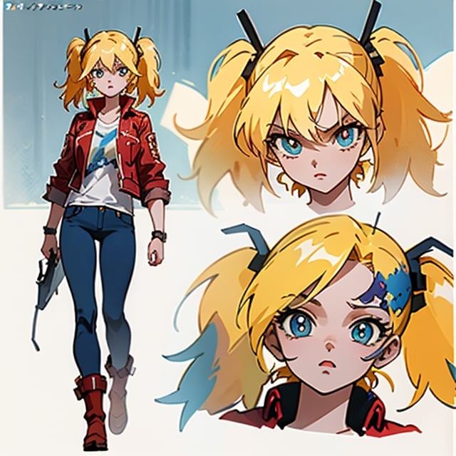 1 girl, blonde hair, two pigtails, blue eyes,red leather jacket, white t-shirt, jeans, black boots, solo, (medium_shot:1.4),(masterpiece:1.4(bestquality:1.4),(extremely_beautiful_detailed_anime_face_and_eyes:1.4),an extremely delicate and beautiful,Watercolor, Ink, epic,imple backgound character sheet, model sheet, turnaround, multiple views of the same character