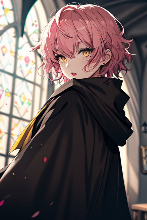 1girl, short pink hair,(mole next to lip:1),(eyebrow scar:1),(hufflepuff House Cloak),( inner cloak yellow:1), (outer cloack black:1),yellow eyes, looking at viewer, solo, upper body,(masterpiece:1.4),(best quality:1.4),red lips,parted lips, hogwarts castle:1,dramatic shadows,extremely_beautiful_detailed_anime_face_and_eyes,an extremely delicate and beautiful,dynamic angle, cinematic camera, dynamic pose,depth of field,chromatic aberration,backlighting,Watercolor, Ink,  epic, candystyle,